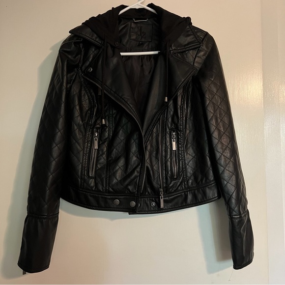 Jackets & Blazers - NEW Black Faux Leather Motorcycle Hoodie BikerJacket